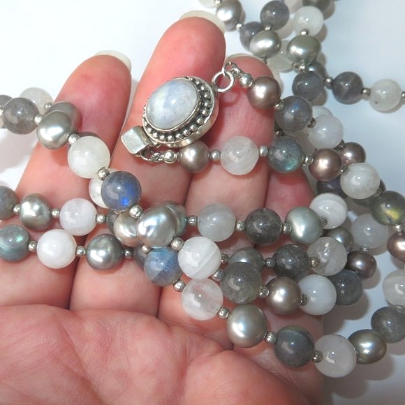 Stunning Extra LONG Moonstone Labradorite Pearl Sterling Silver Necklace - Picture 2 of 16